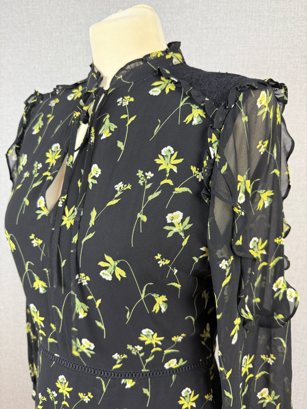 Oasis Black Floral Chiffon Mini Dress UK 12 - Pre-Loved