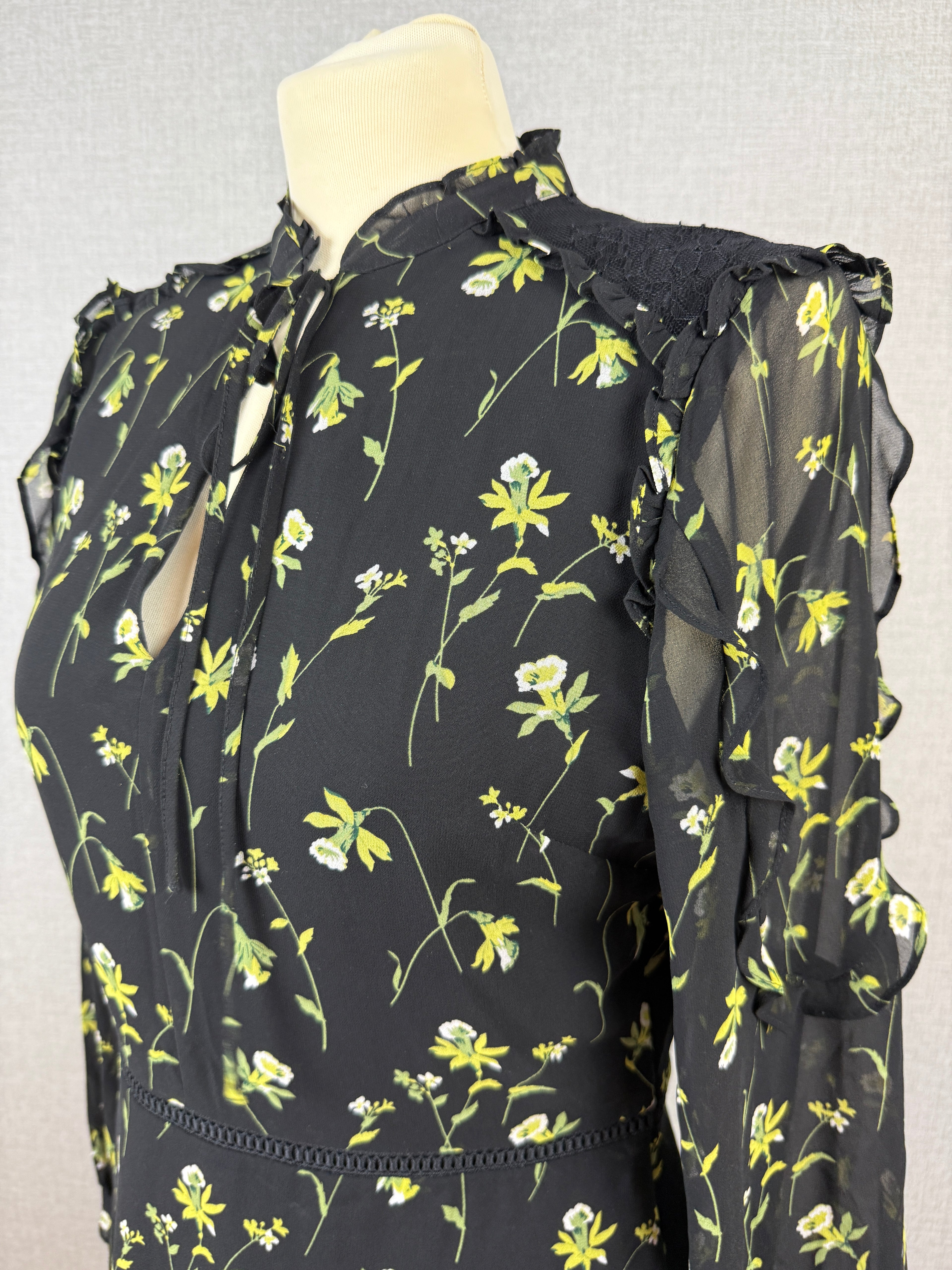 Oasis Black Floral Chiffon Mini Dress UK 12 - Pre-Loved