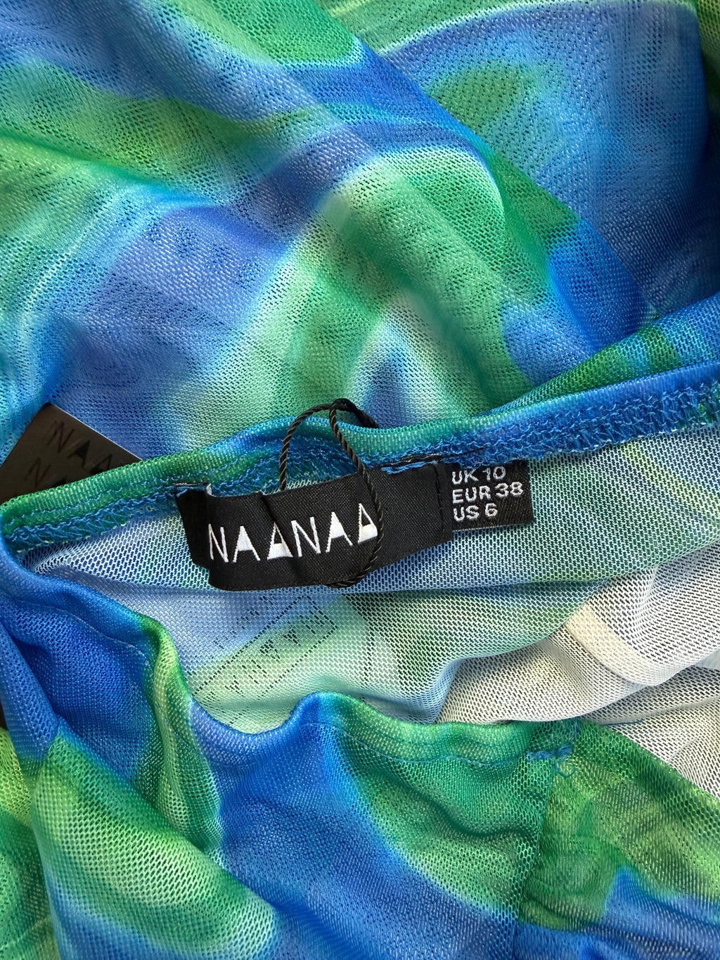 NAANAA Blue Green Marble Print Halterneck Ruched Sheer Mesh Bodysuit UK 10