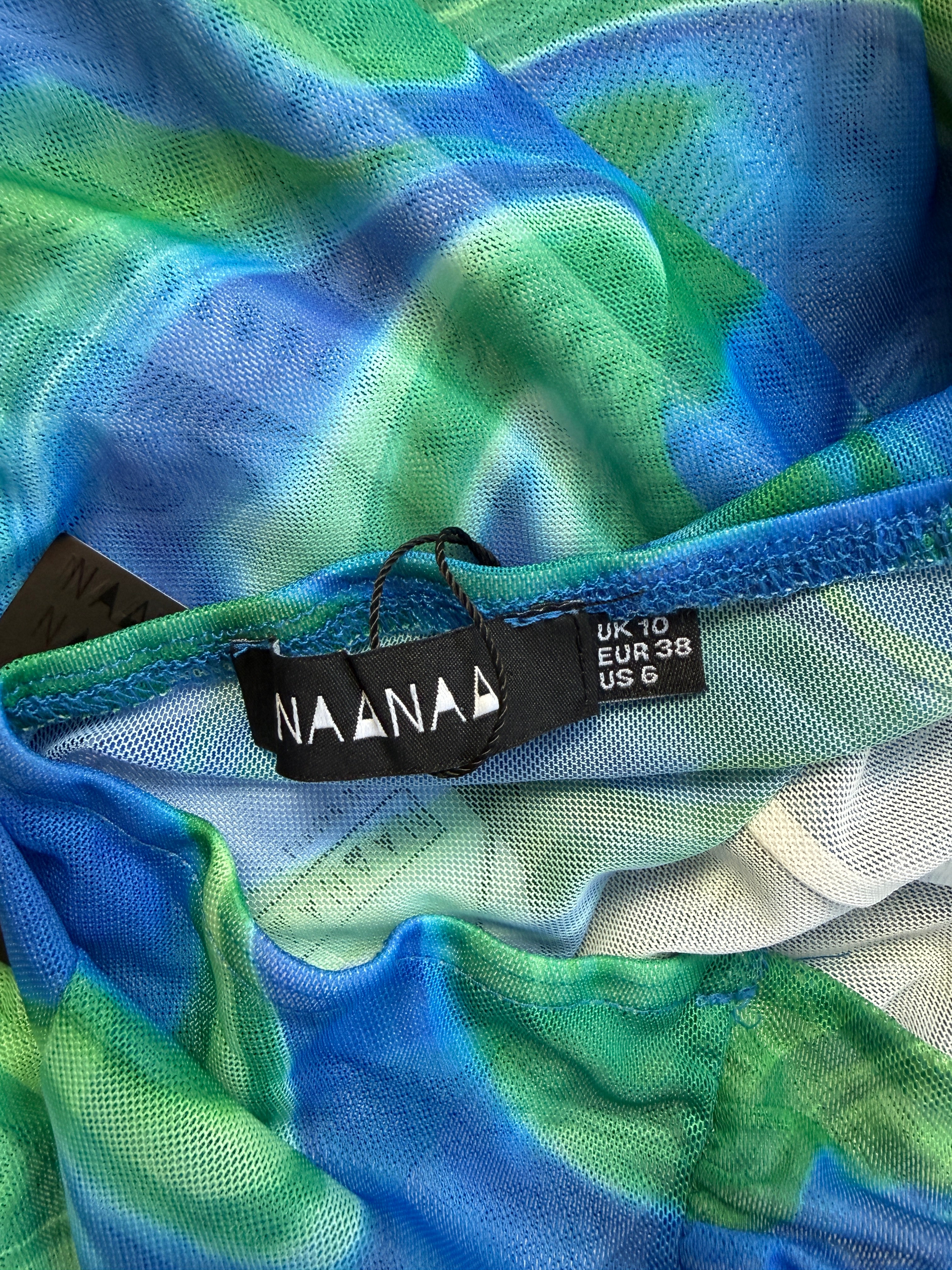 NAANAA Blue Green Marble Print Halterneck Ruched Sheer Mesh Bodysuit UK 10