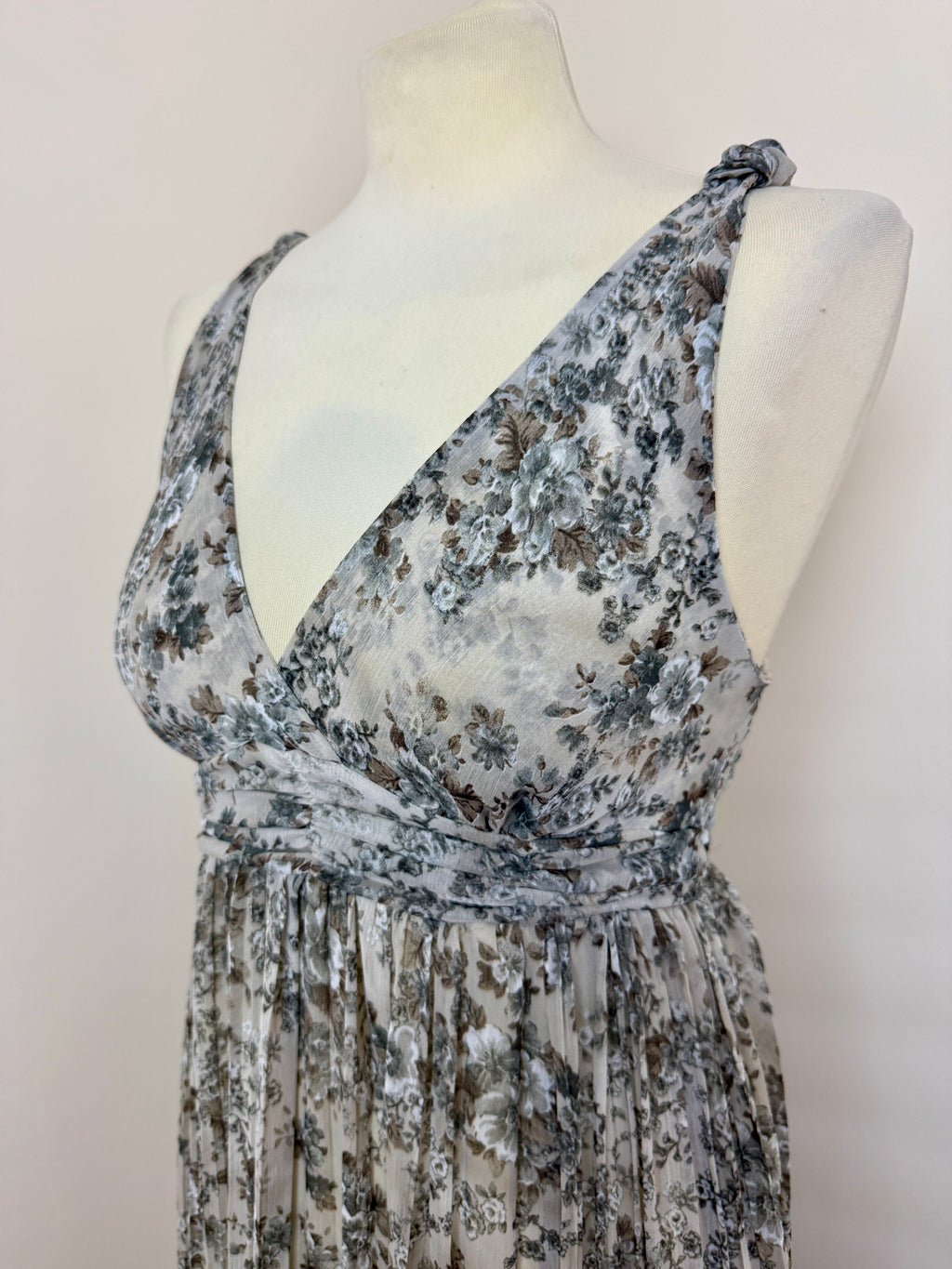 Guido Lombardi Grey Blue Floral Pleated Maxi Dress UK10 Made In Italy Boho