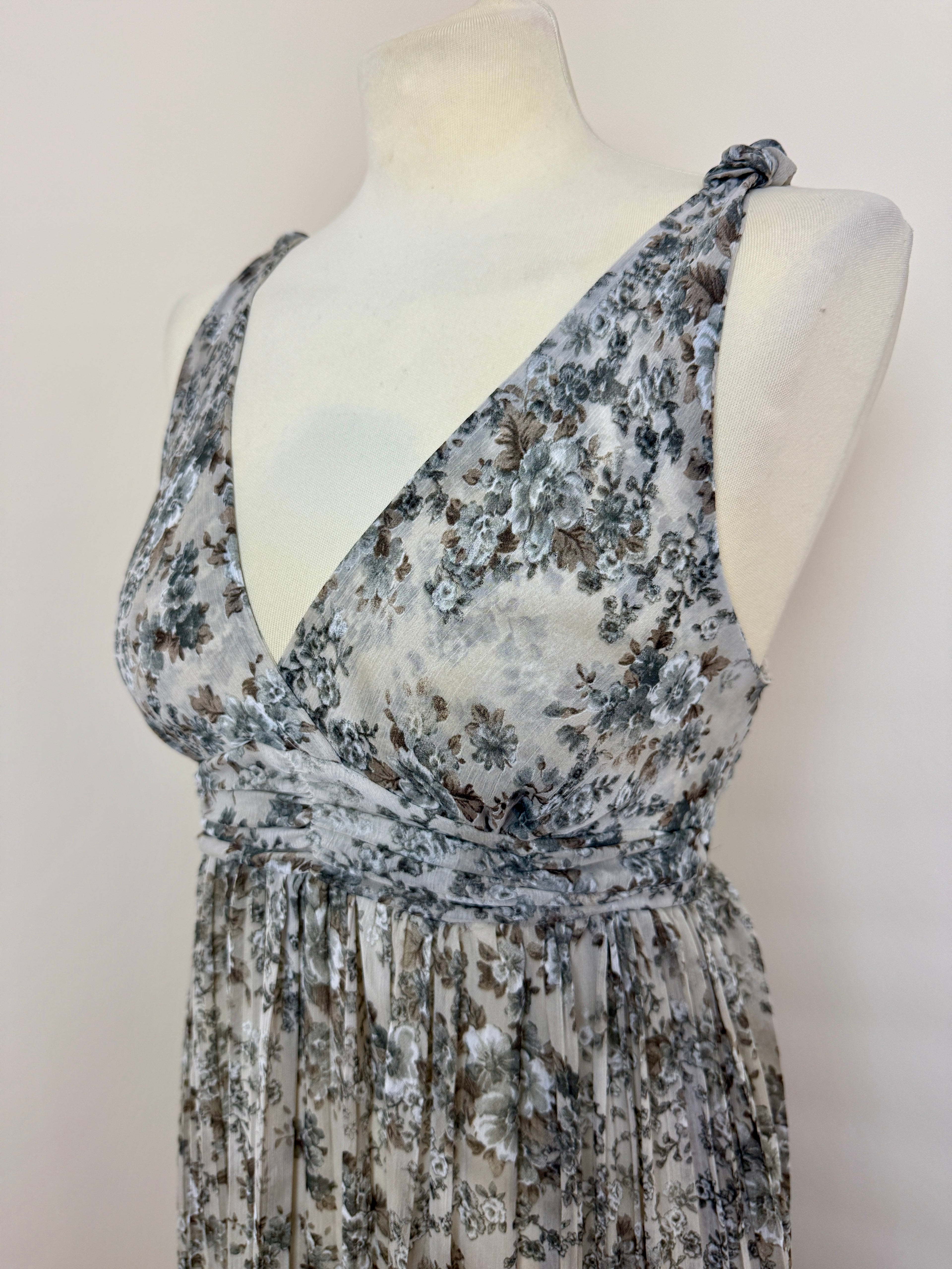 Guido Lombardi Grey Blue Floral Pleated Maxi Dress UK10 Made In Italy Boho