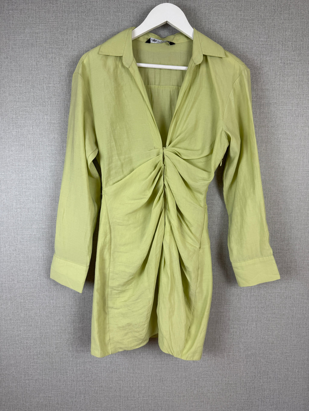 Zara Lime Green Ruched Shirt Mini Dress UK 6 XS - Pre-Loved