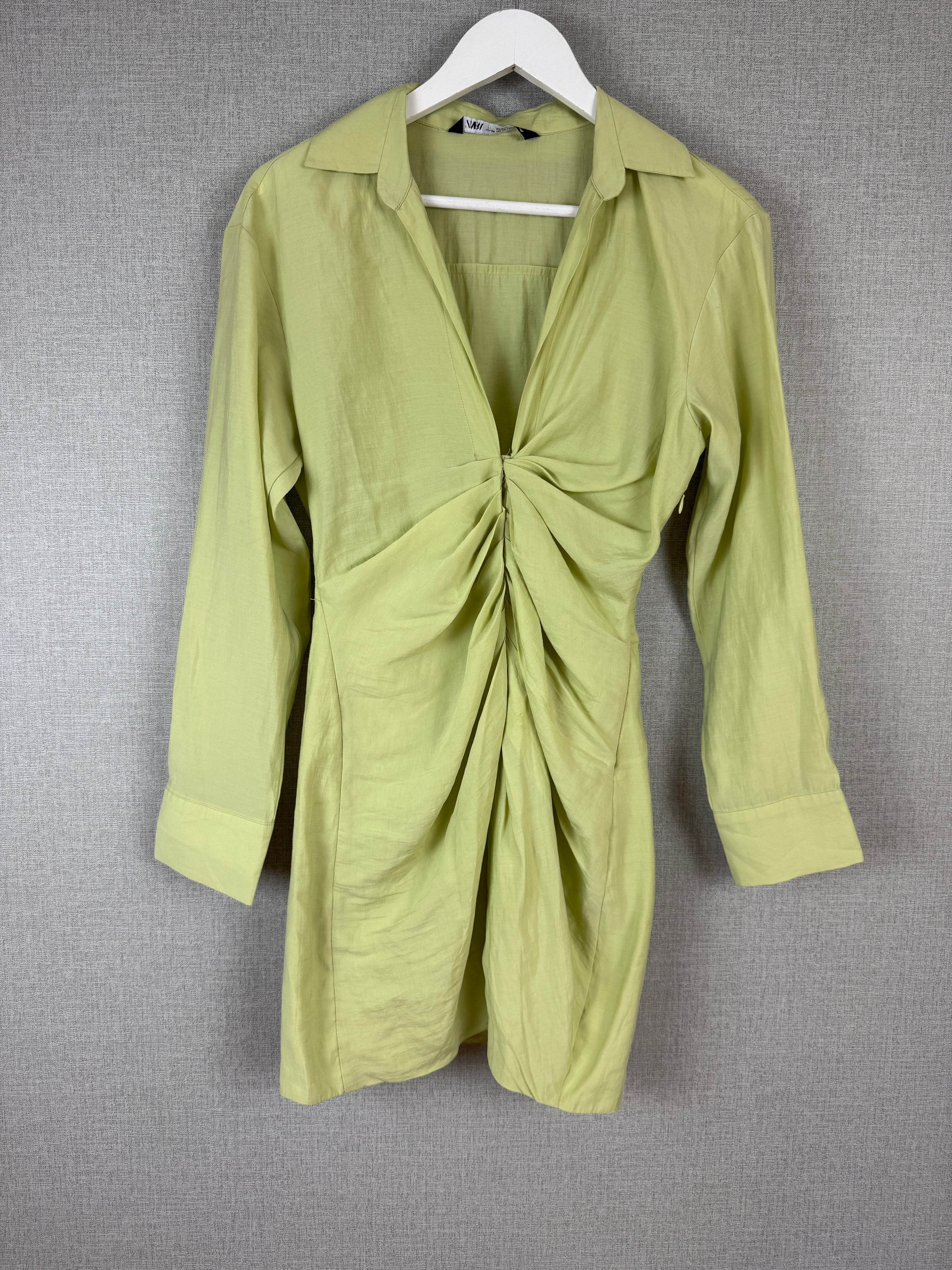 Zara Lime Green Ruched Shirt Mini Dress UK 6 XS - Pre-Loved