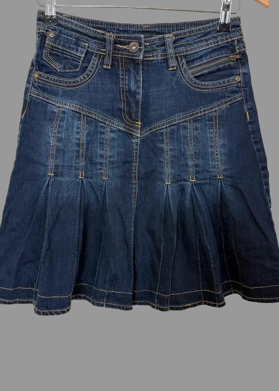 Yessica Y2K Dark Wash Pleated Denim Mini Skirt Drop Waist A Line UK8–10