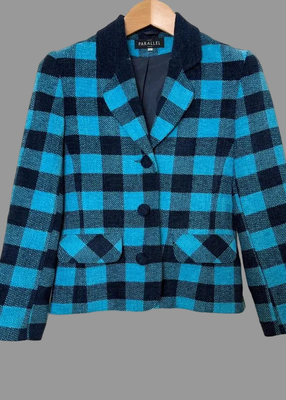 Parallel Blue Checked Blazer Jacket UK10 Wool Blend Notched Lapel Classic