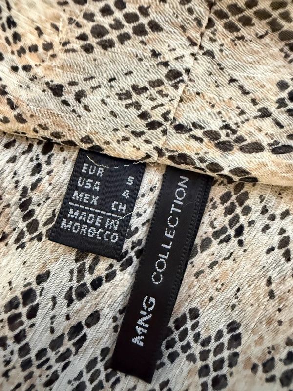 Mango Snake Print Blouse Black White Sheer Tie Neck Long Sleeve Small
