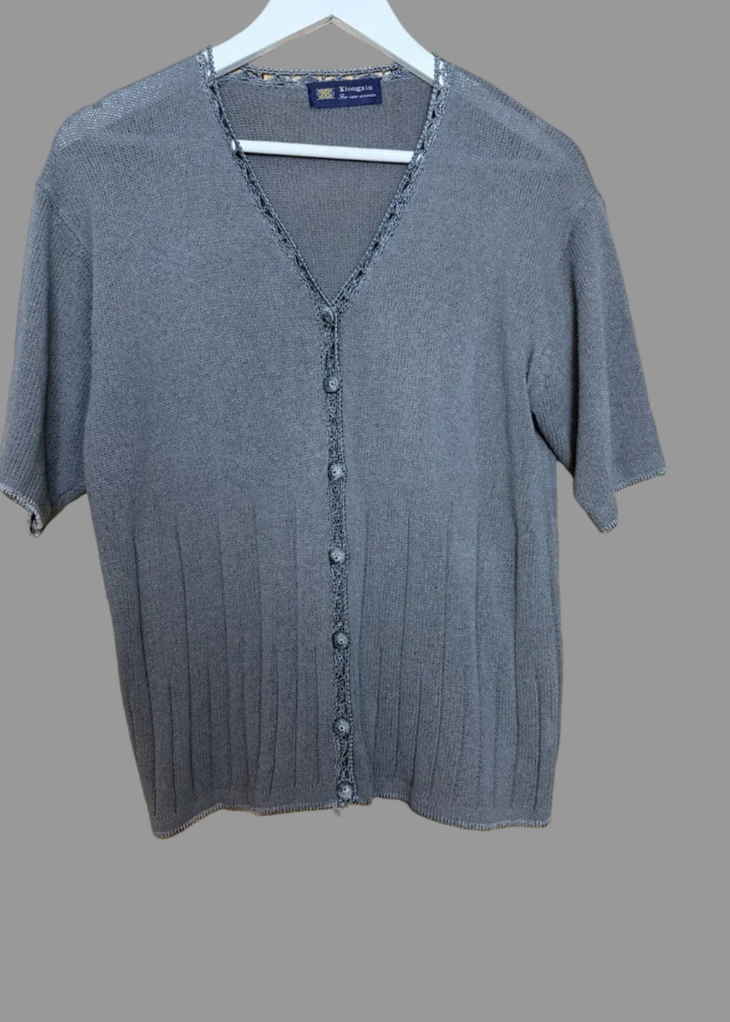 Xiongxin Silver Grey Fine Knit Lace Trim Cardigan  - Size 10