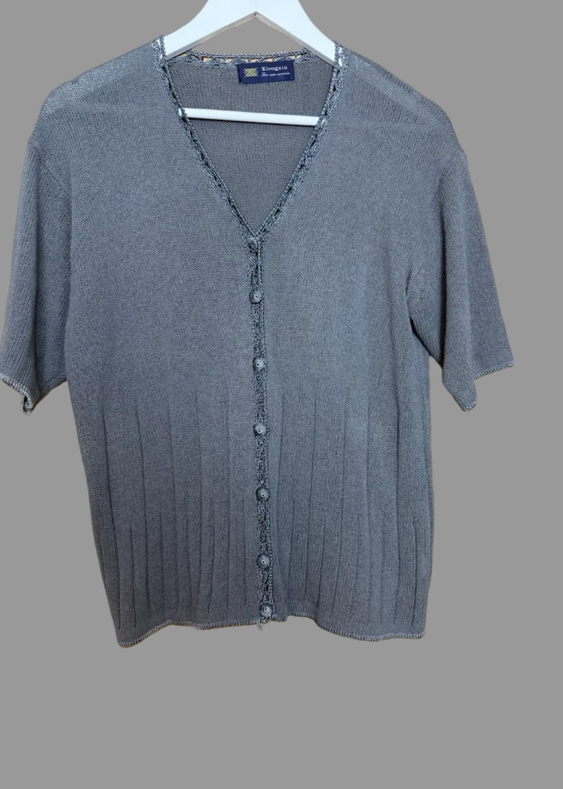 Xiongxin Silver Grey Fine Knit Lace Trim Cardigan  - Size 10