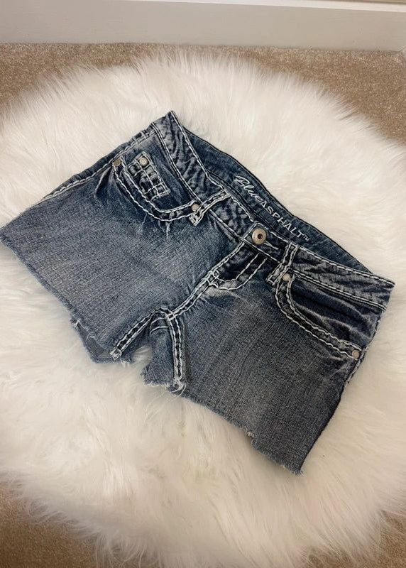Blue Asphalt Y2K Denim Micro Shorts Dark Wash Low Rise UK 8