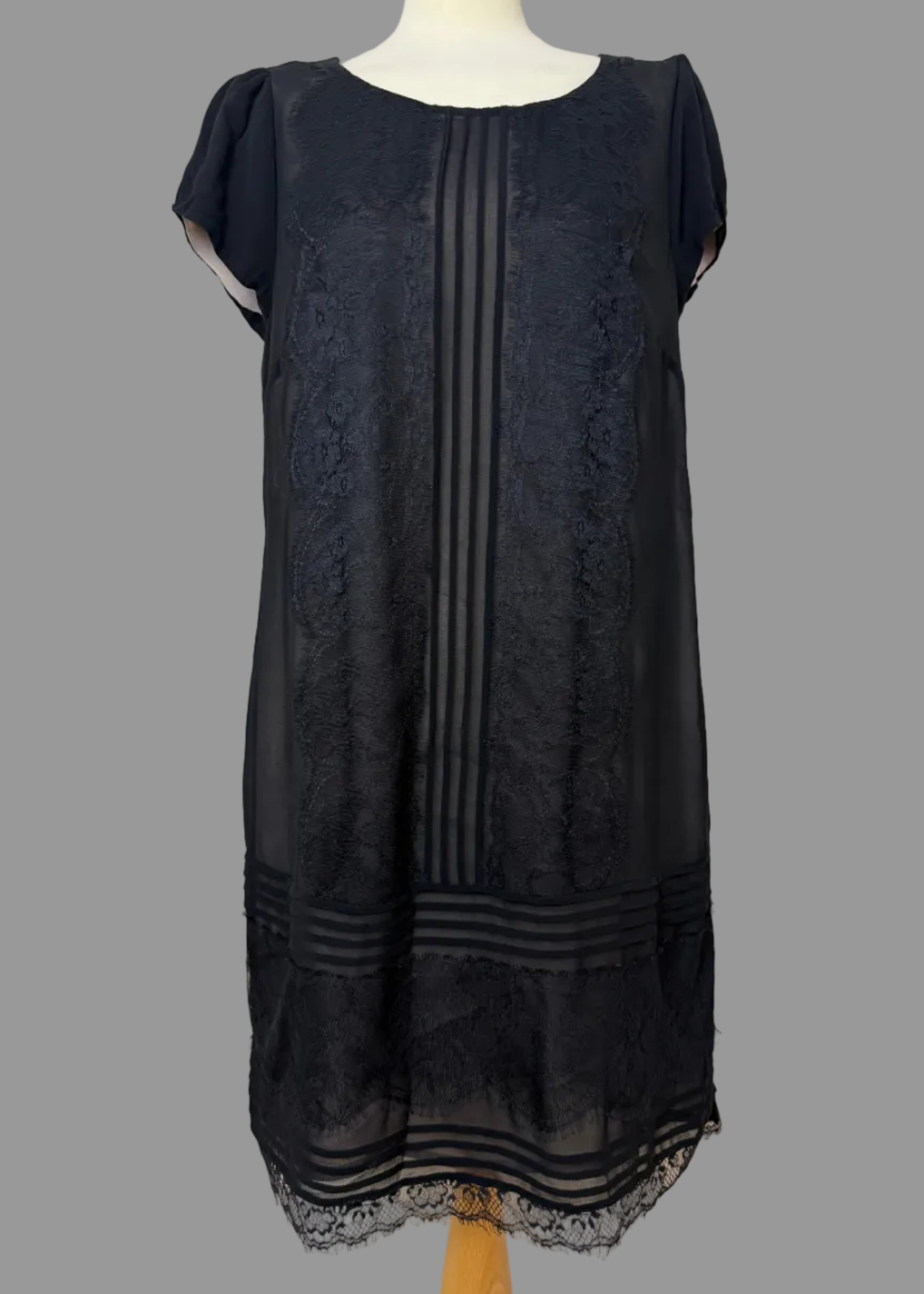 Rocha John Rocha Black Lace Panel Shift Dress UK16 Scoop Neck Nude Lined