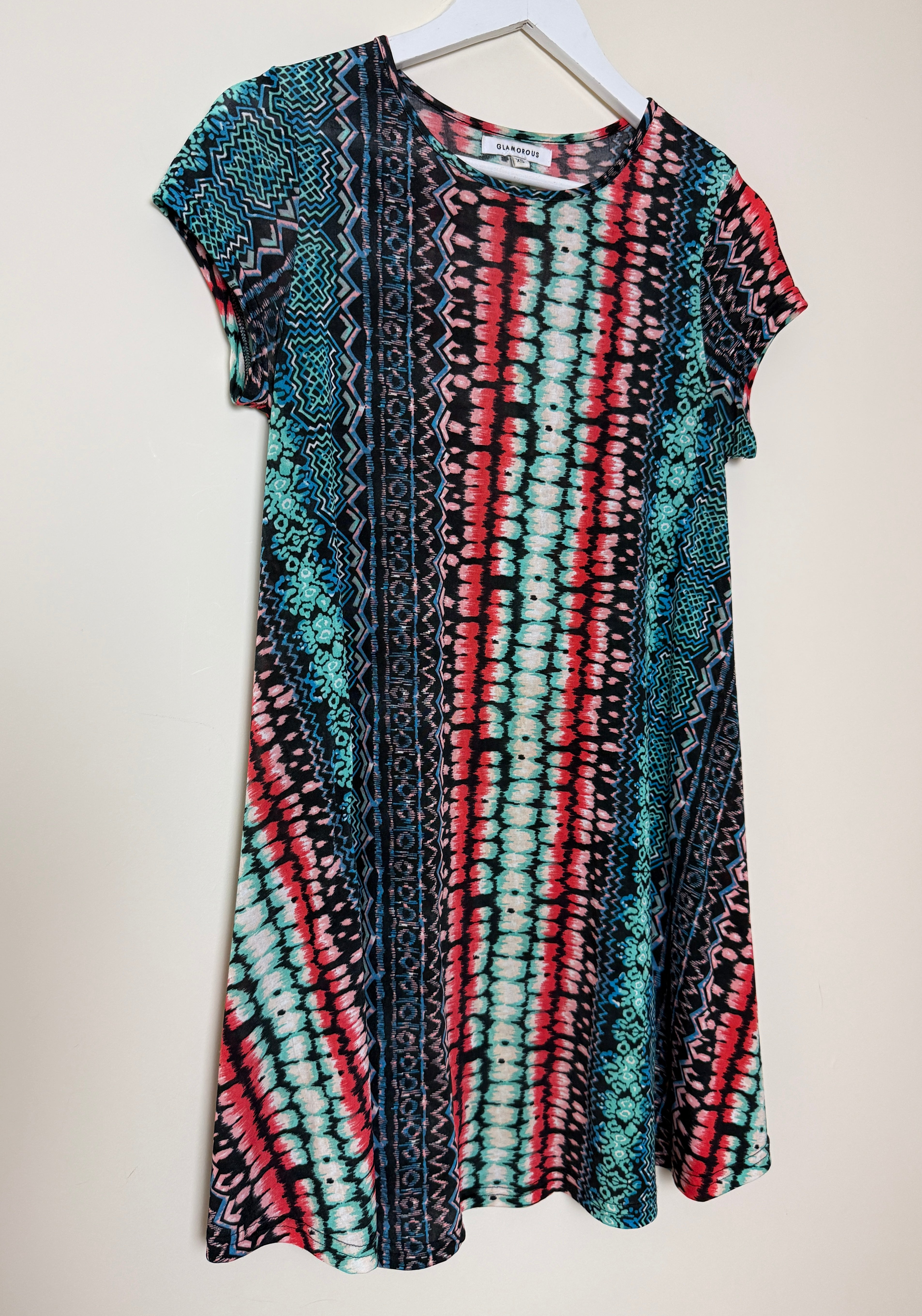 Glamorous Tribal Print Stretch Mini Dress XS Red Black Teal
