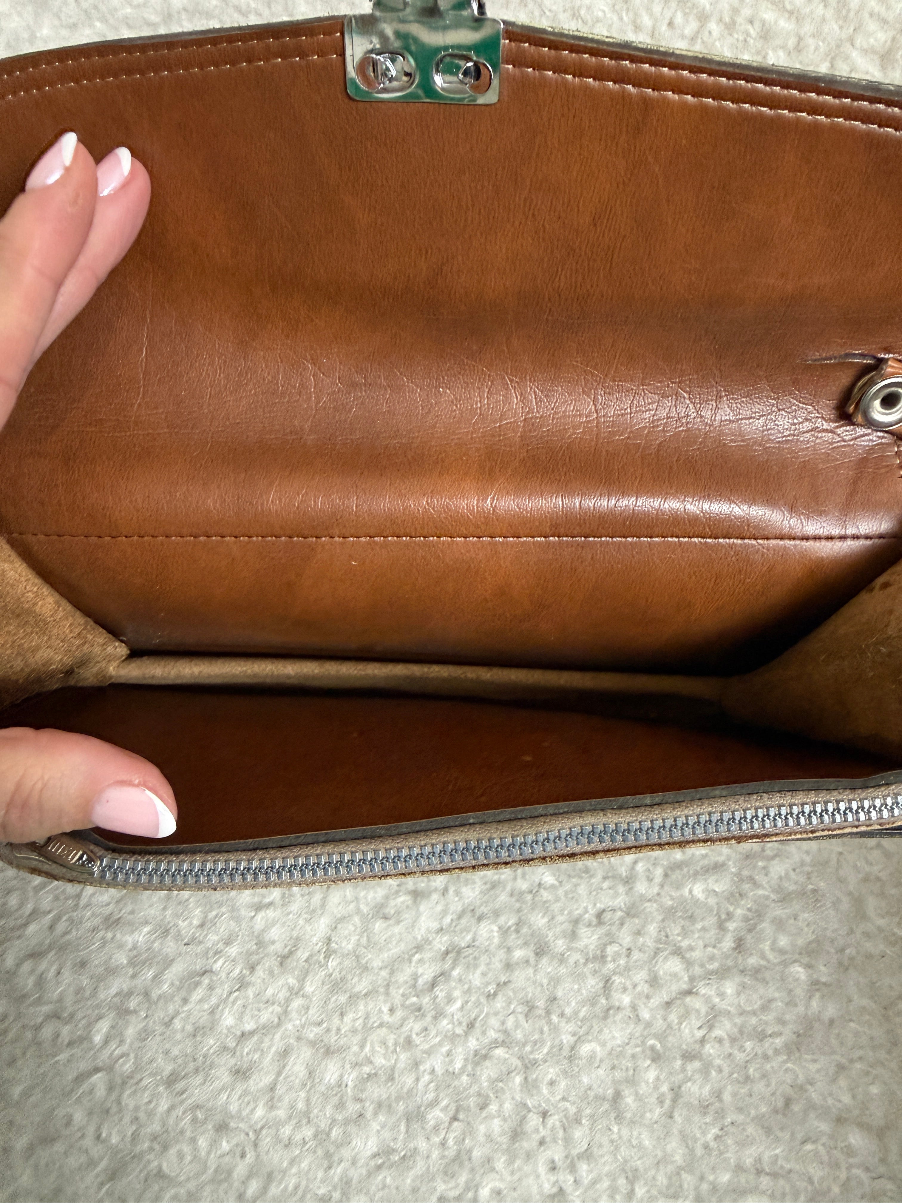 Vintage French Brown Cowhide Leather Clutch Bag Box Veritable Wrist Strap