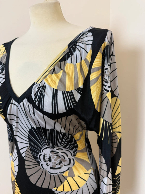 Zara Collection Yellow Black Grey Floral V Neck Bodycon Dress  - Medium
