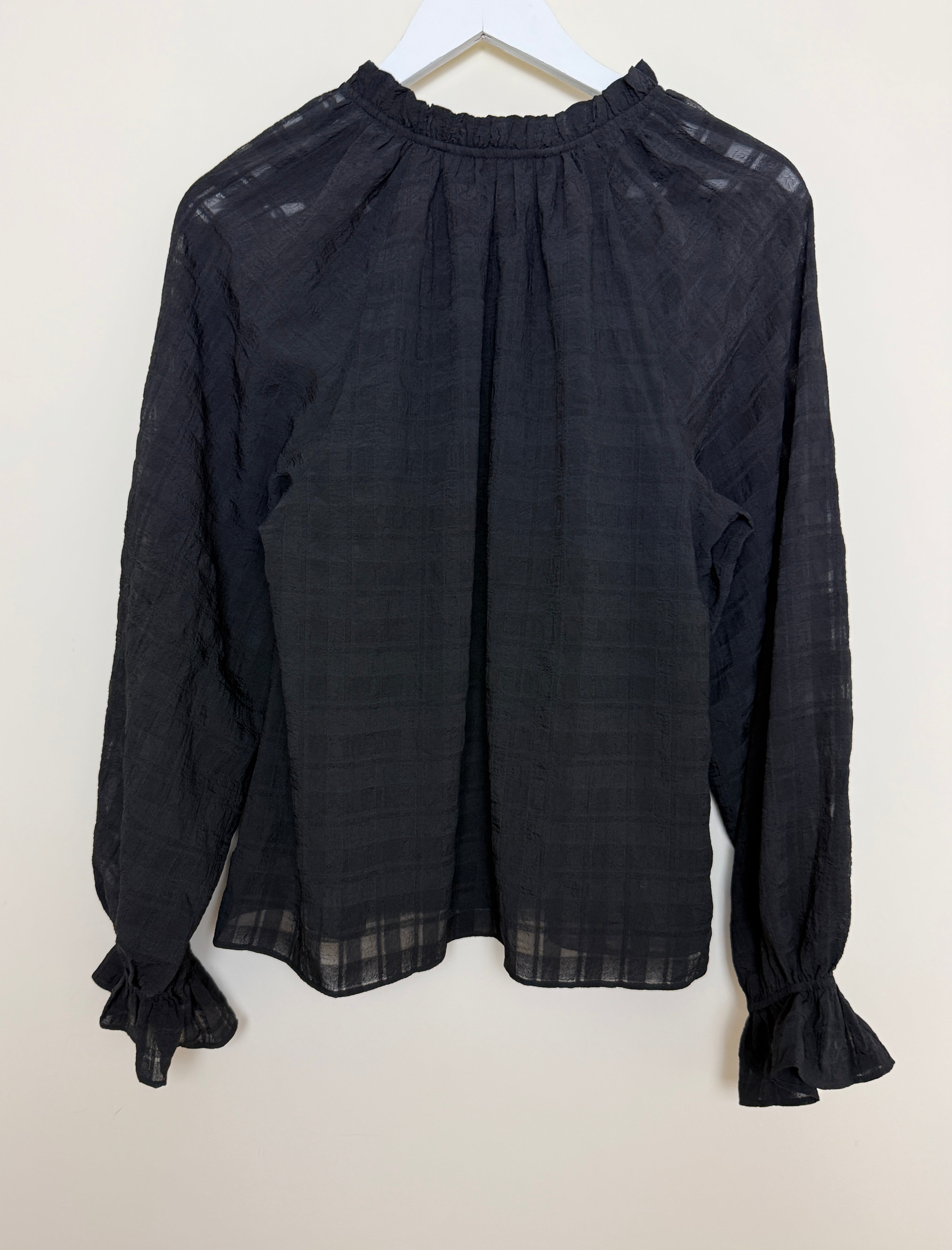 Nobody’s Child Black Ruffle Neck Textured Blouse UK 12 - Preloved