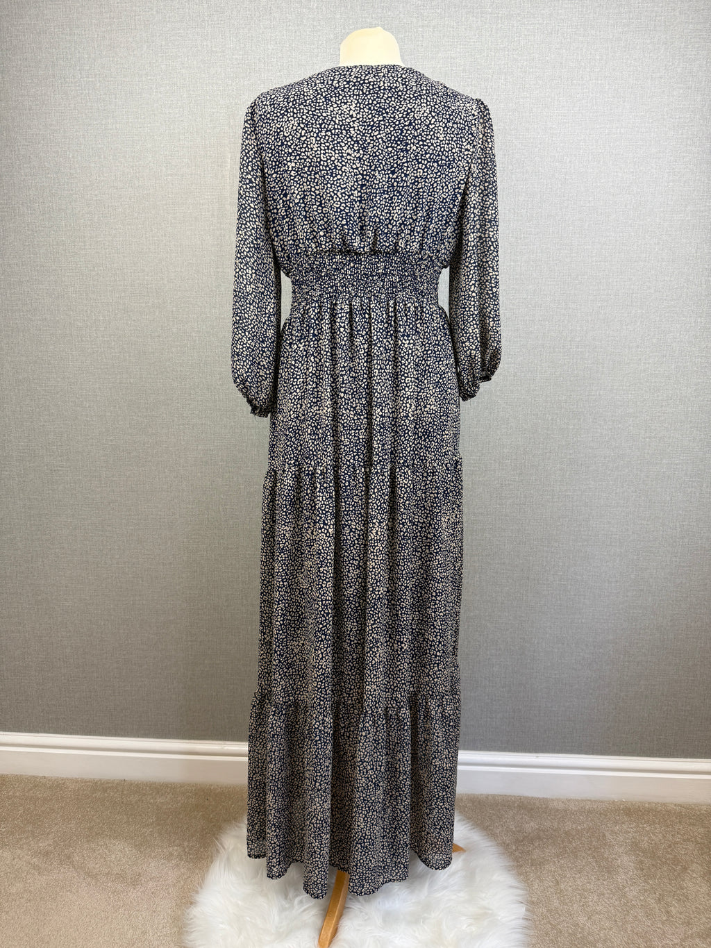 QED London Navy Cream Animal Print Tiered Maxi Dress UK 12