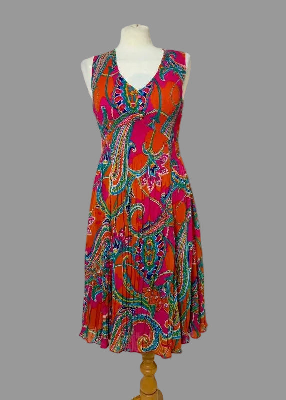 East Paisley Plisse Dress Sleeveless Fit & Flare Boho V Neck UK8