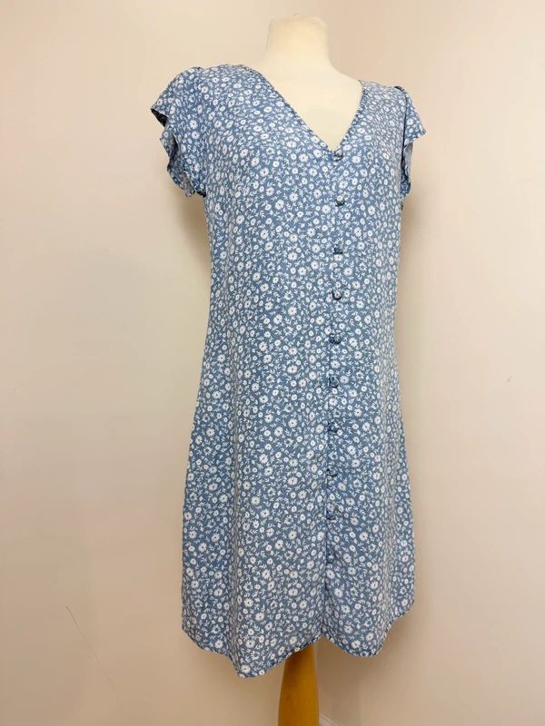 Next Light Blue Ditsy Floral Mini Dress UK8 Flutter Sleeve Button Front