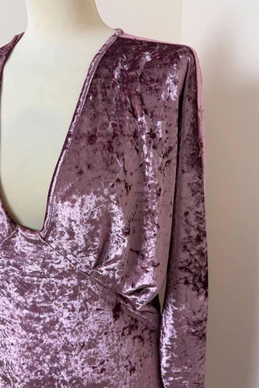 ASOS Purple Crushed Velvet Mini Dress Plunge V Neck Long Sleeve UK 12