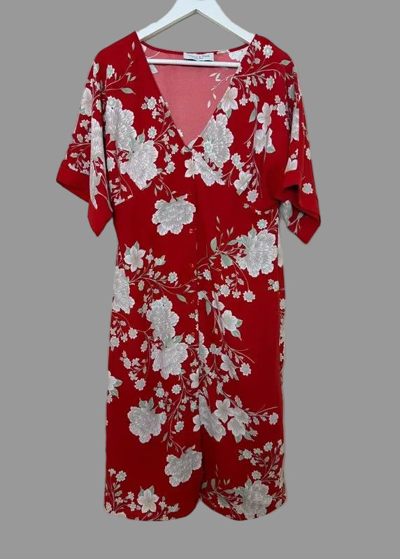 Truth & Fable Red Oriental Floral Kimono Style Midi Dress V Neck XL