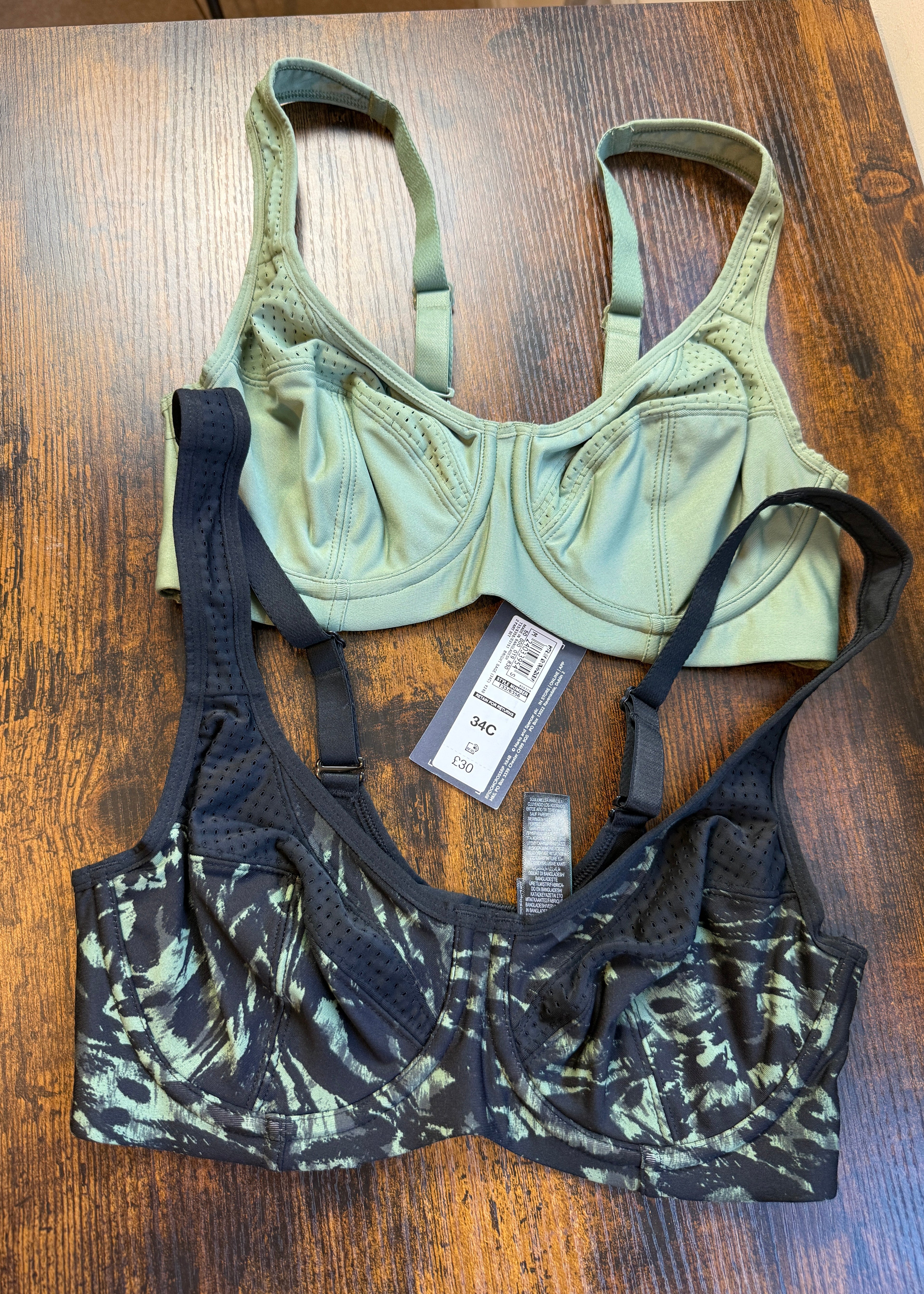 M&S Goodmove 2 Pack High Impact Sports Bras 34C Sage Green & Black Print