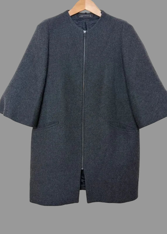 Zara Woman Charcoal Cape Peacoat Wool Blend Large Zip Up Bell Sleeve