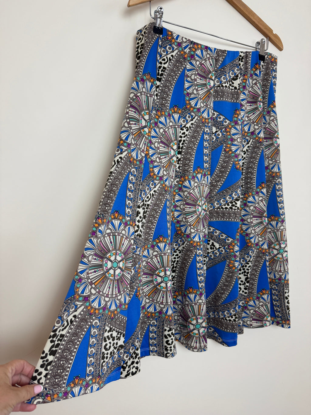 Nightingales Blue Abstract Print Midi Skirt UK16
