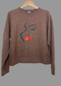 Brown Knitted Crew Neck Face Eyelashes Motif Jumper - Large
