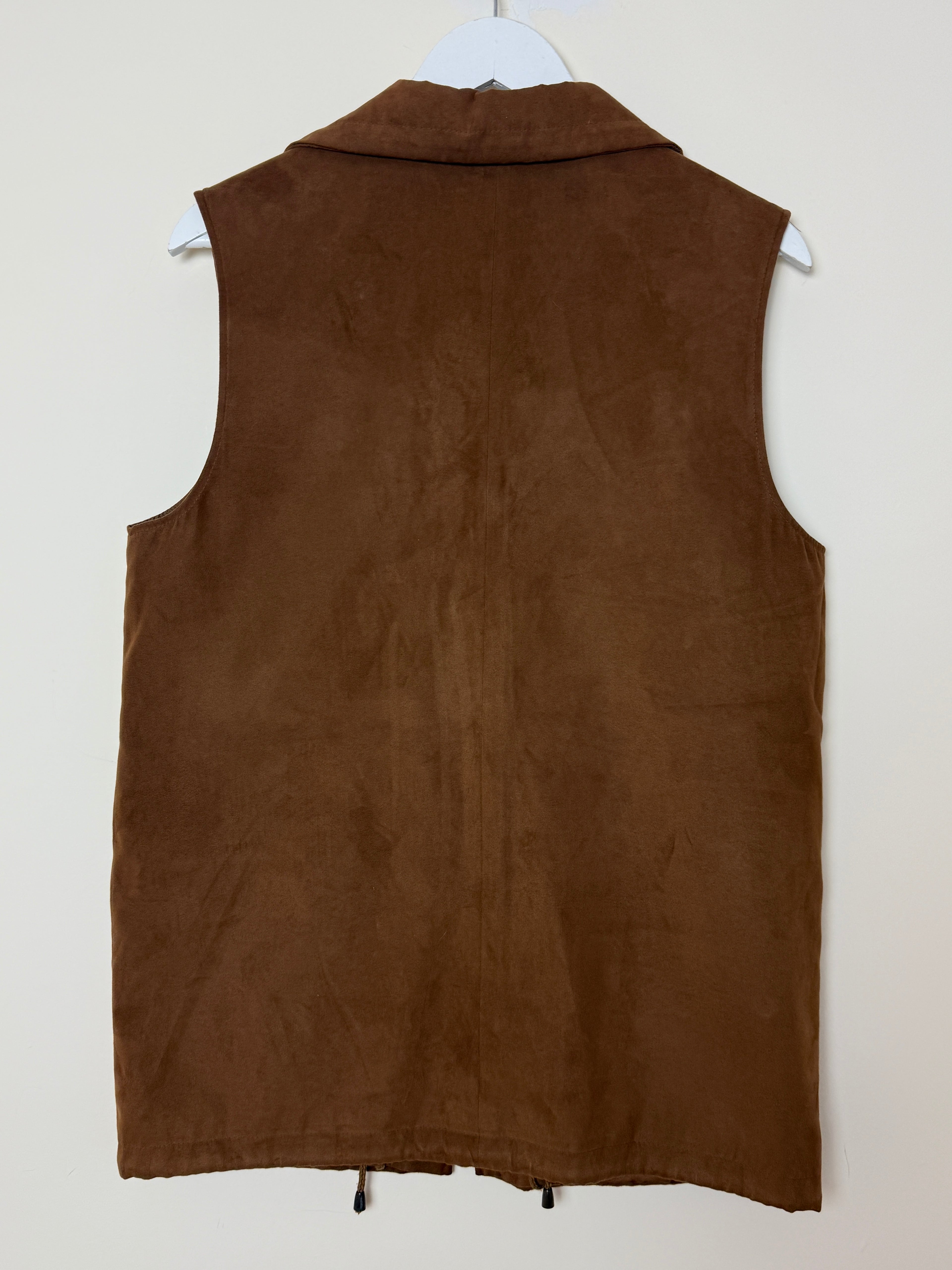 Gelco Bodywarmer Gilet Brown Faux Suede Cargo Vest Full Zip UK10