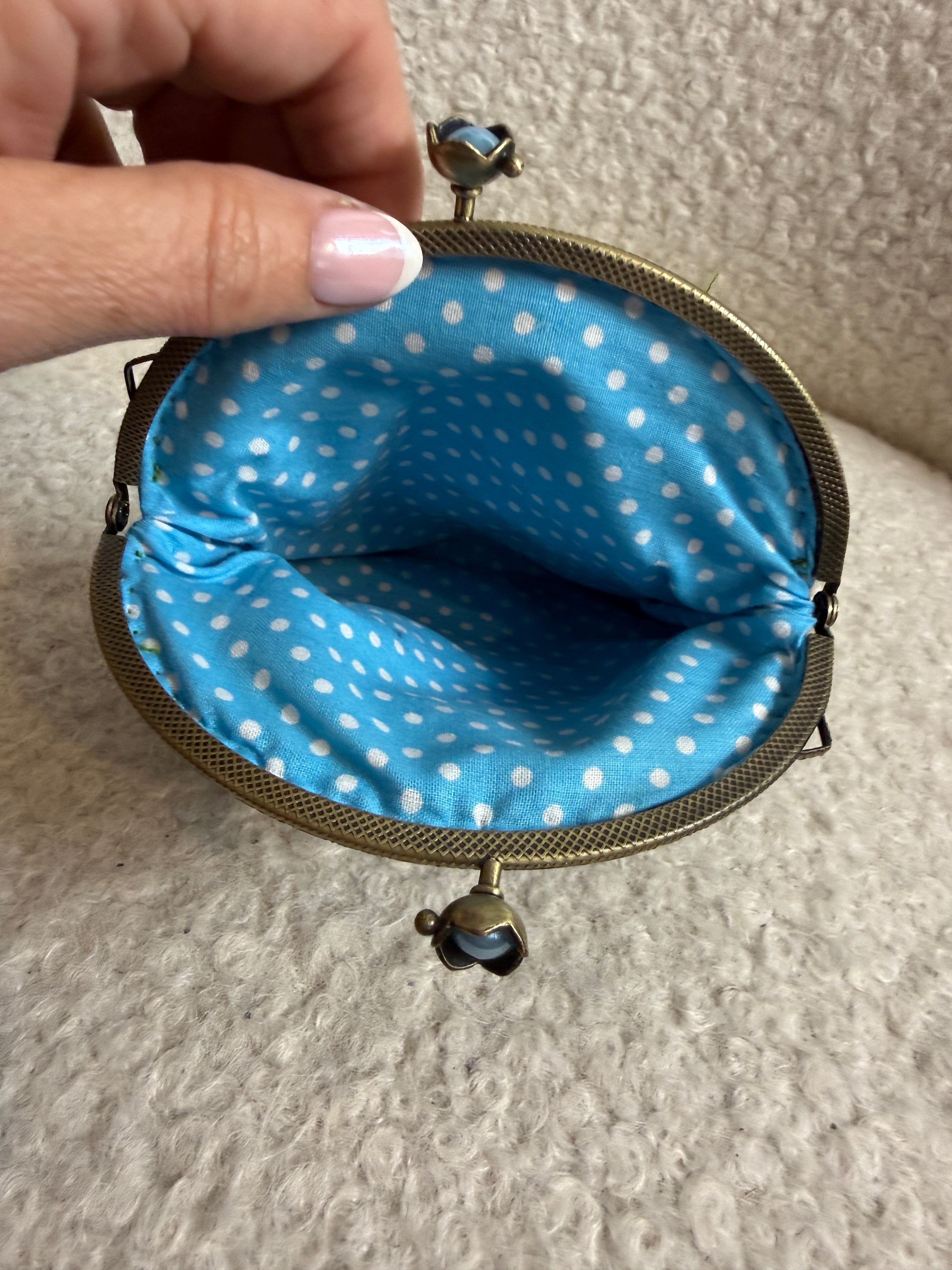 Harris Tweed Eigg Coin Purse Tartan Kiss Lock Orb Label Blue Satin Lining