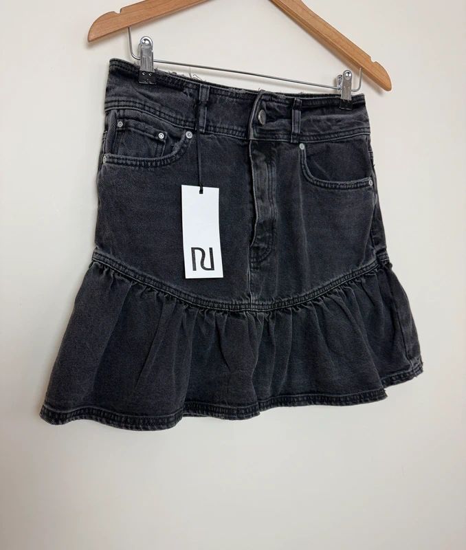 River Island Black Denim Mini Skirt Frill Hem Ra Ra Y2K UK 12 BNWT