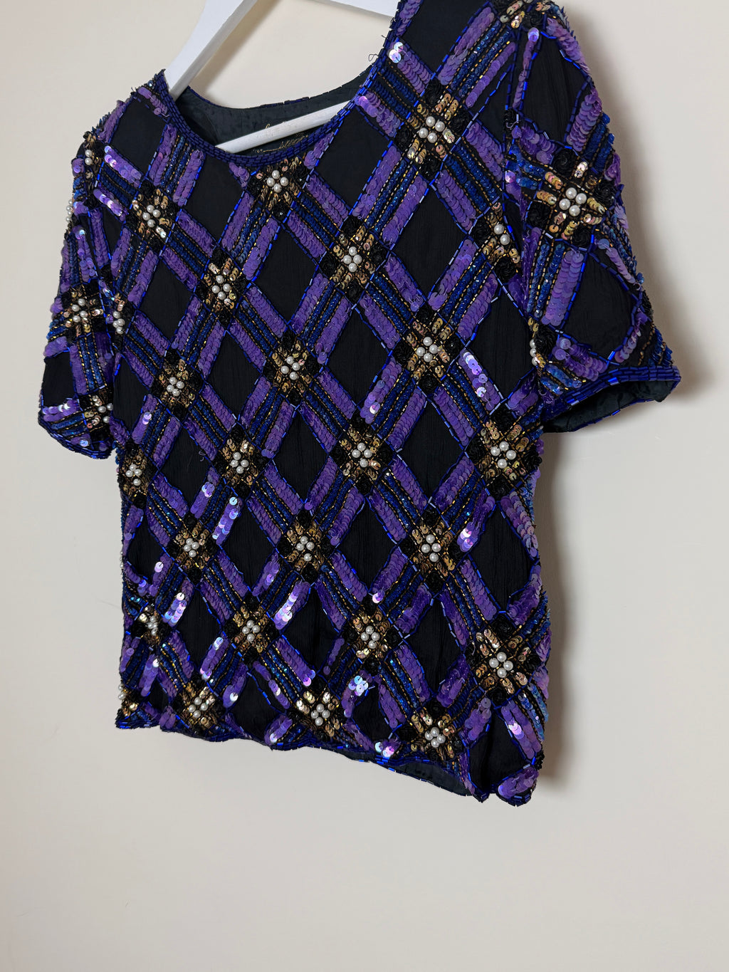 Kuku de Sudi 1980s Vintage Purple Black Sequin & Pearl Embellished 100% Silk Top - Medium