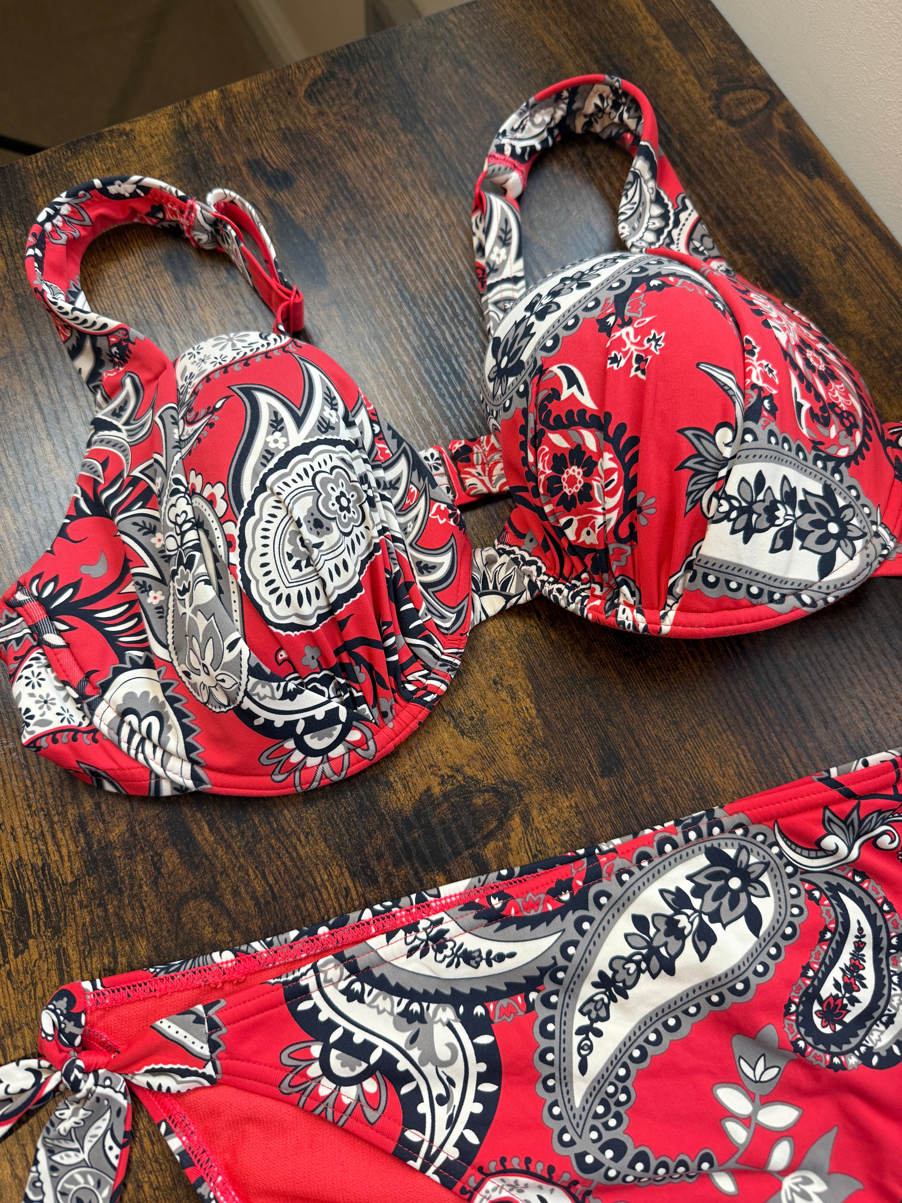M&S Red Paisley Underwired Bikini Set 36E Top UK 16 Tie Side Swimwear
