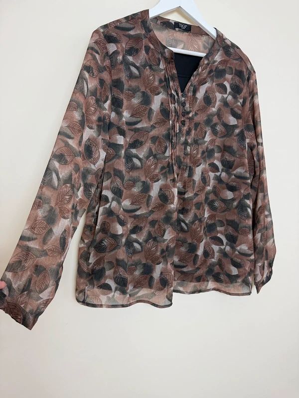 TIGI Brown Black Leaf Pattern Layered Sheer Blouse  - UK18/20