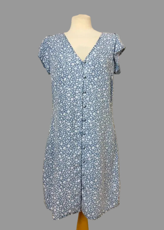 Next Light Blue Ditsy Floral Mini Dress UK8 Flutter Sleeve Button Front