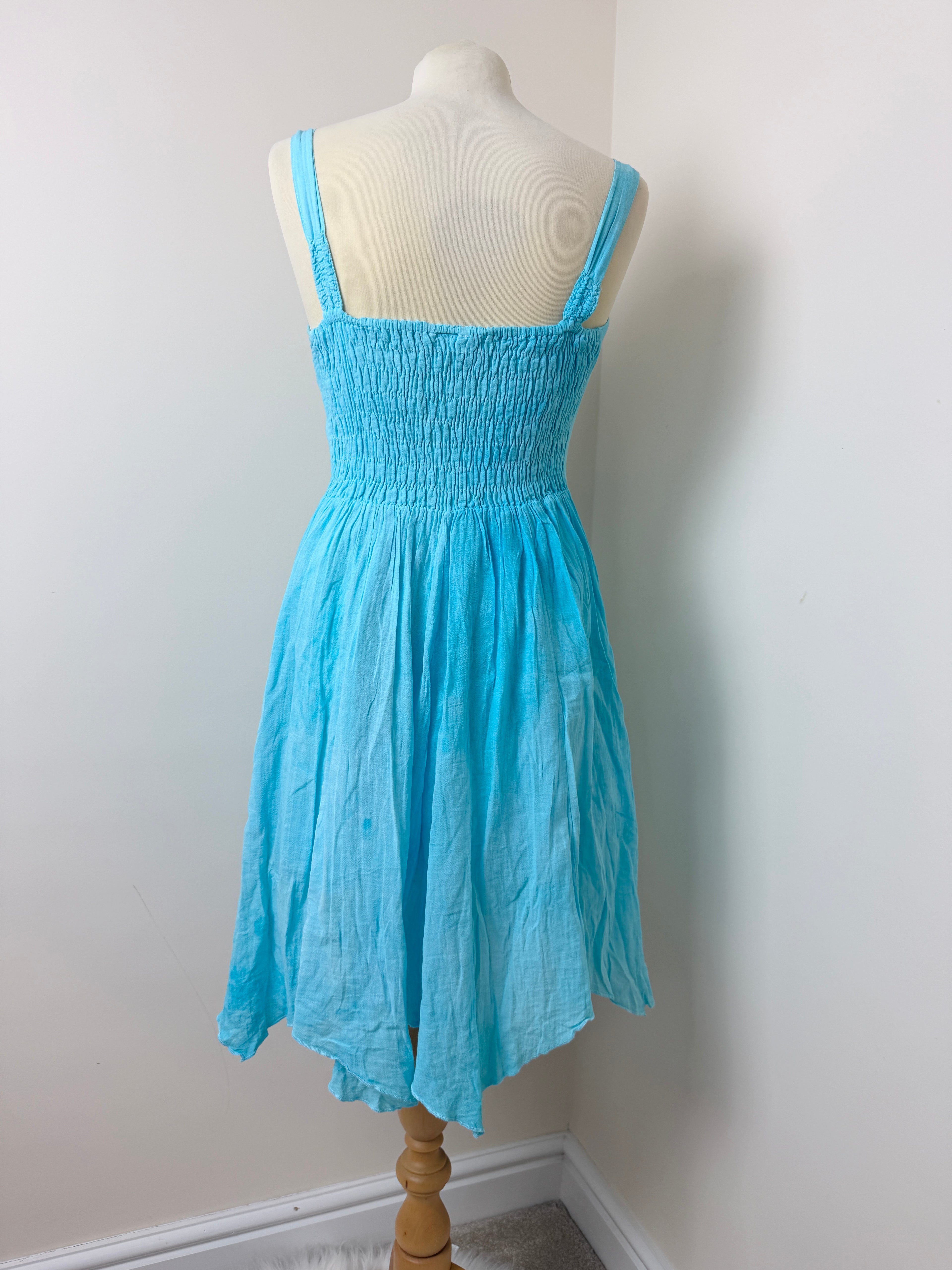Blanc du Nil Blue Cotton Sundress UK8 Sleeveless Shirred Back Summer Dress