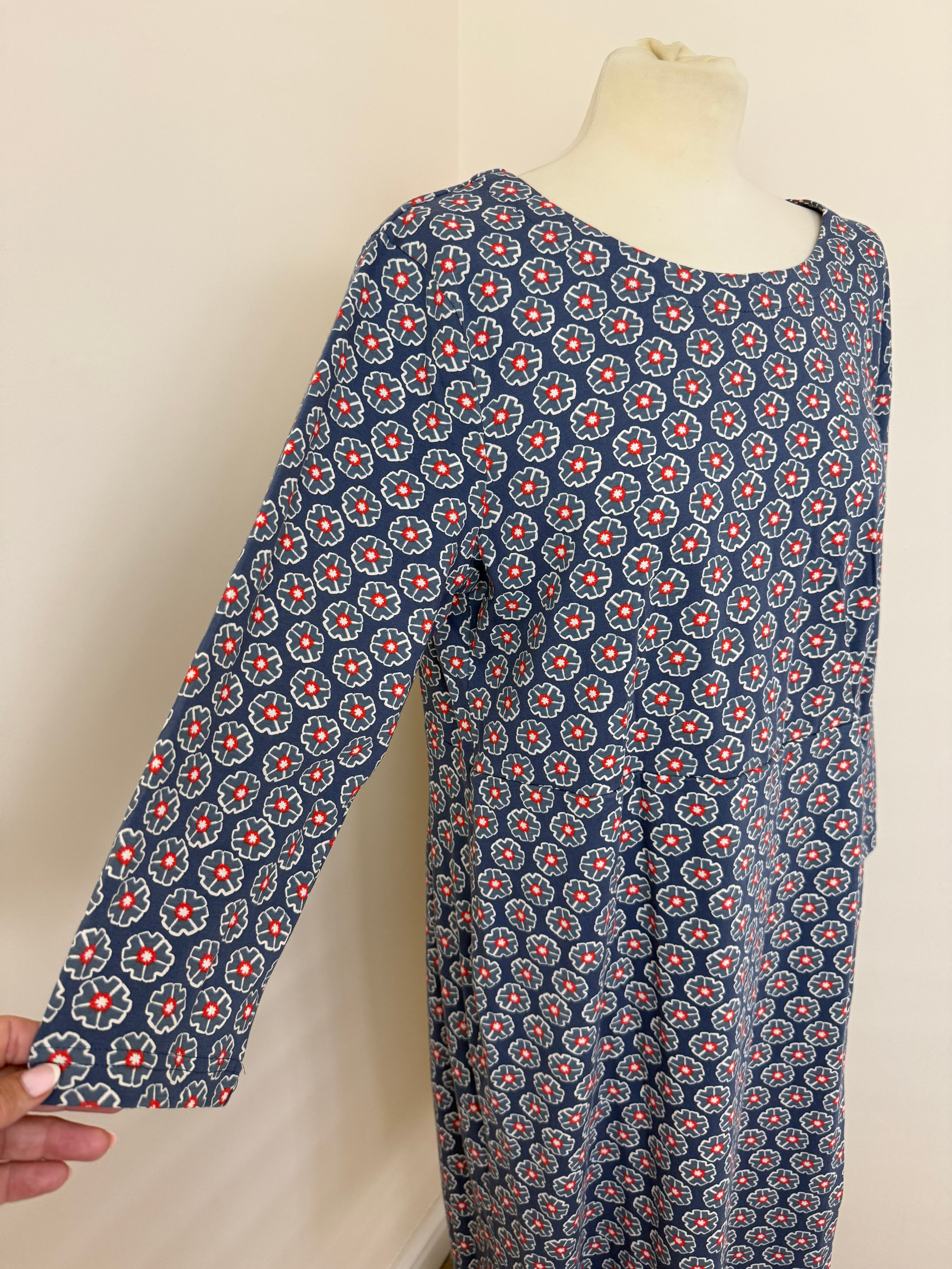 Adini Blue Floral Print Cotton Midi Dress Long Sleeve UK18