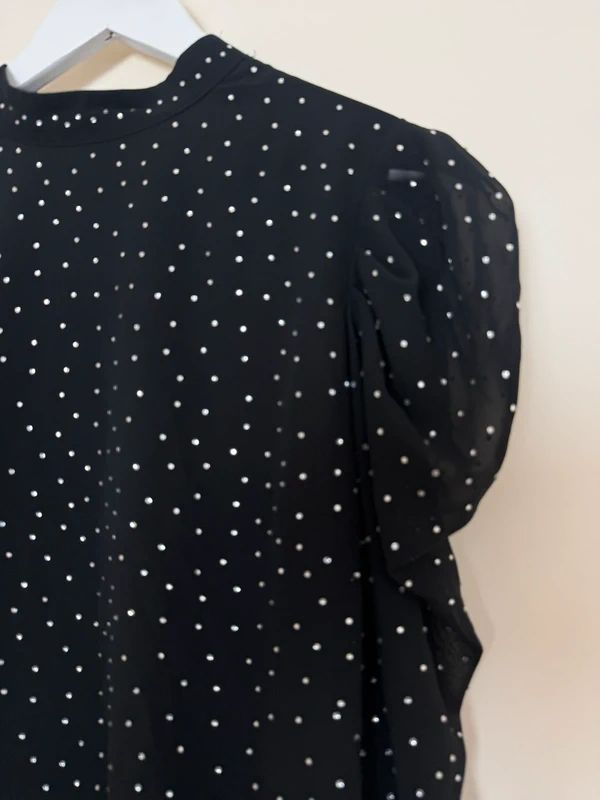 River Island Black Ruched Sheer Arms Diamante Blouse - UK12