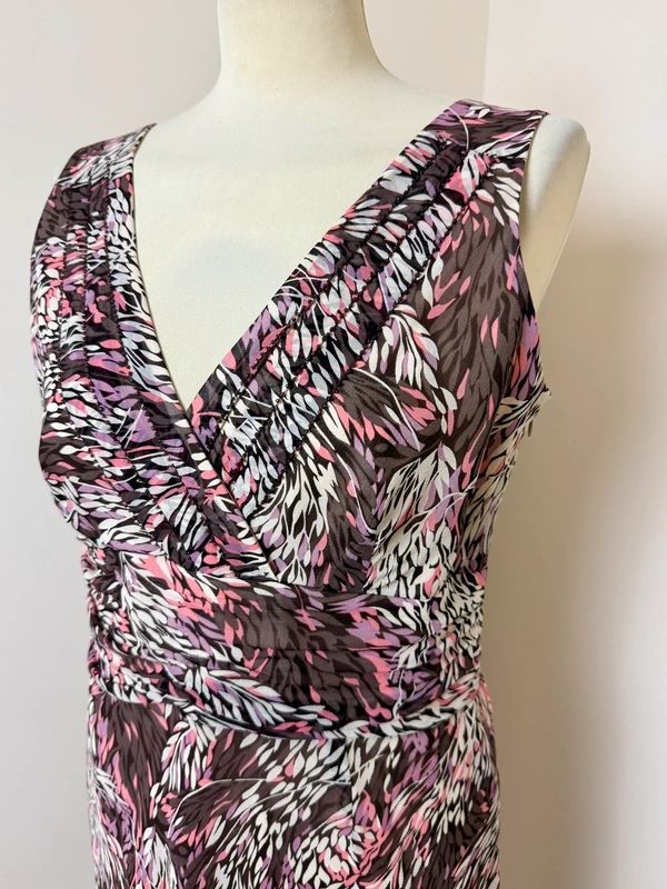 CC Petite Pure Silk Wrap Dress Pink Brown Abstract Leaf Midi UK12