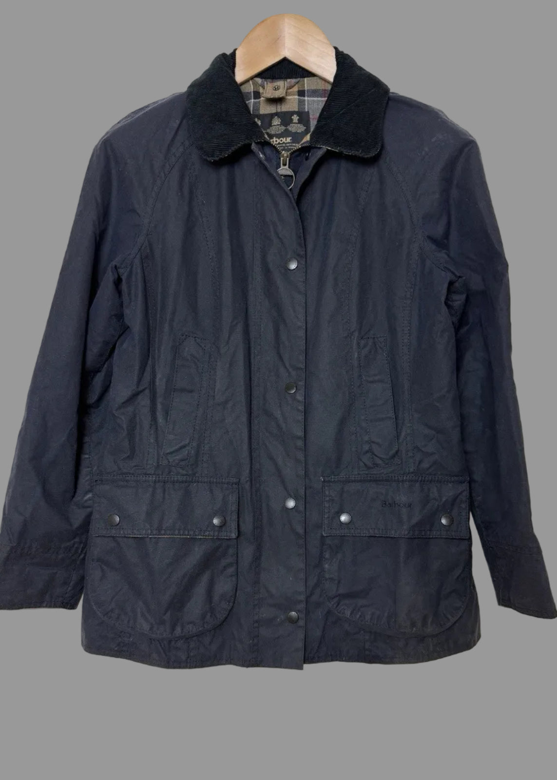 Barbour Beadnell Black Waxed Jacket with Tartan Lining - UK8