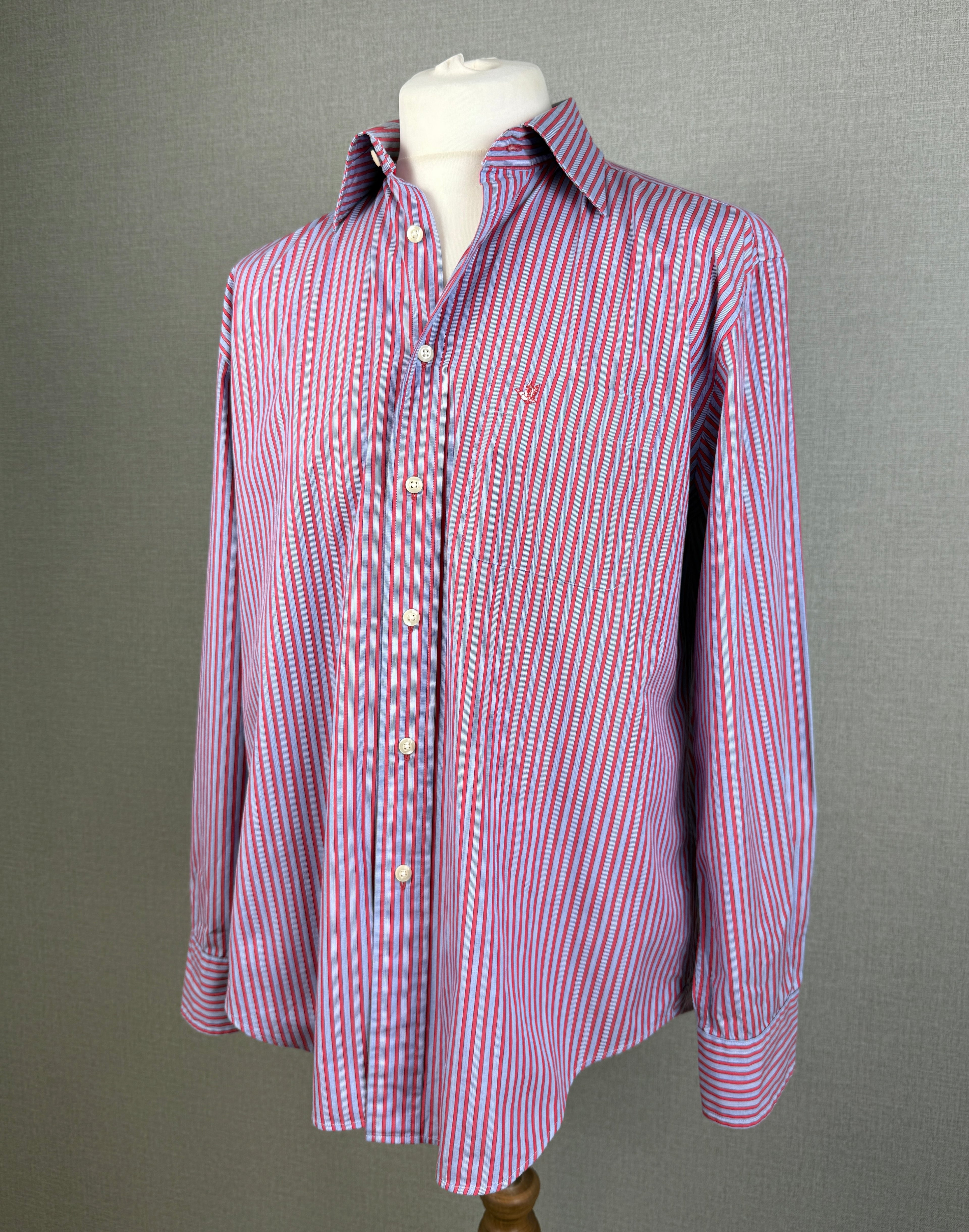 Cortefiel Red Blue Striped Cotton Shirt Large Long Sleeve