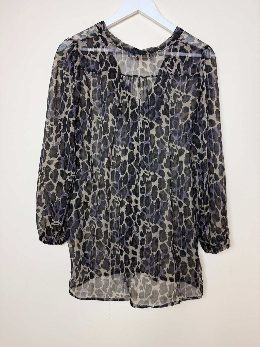 Uttam London Purple Grey Leopard Print Sheer Tie Neck Blouse Small