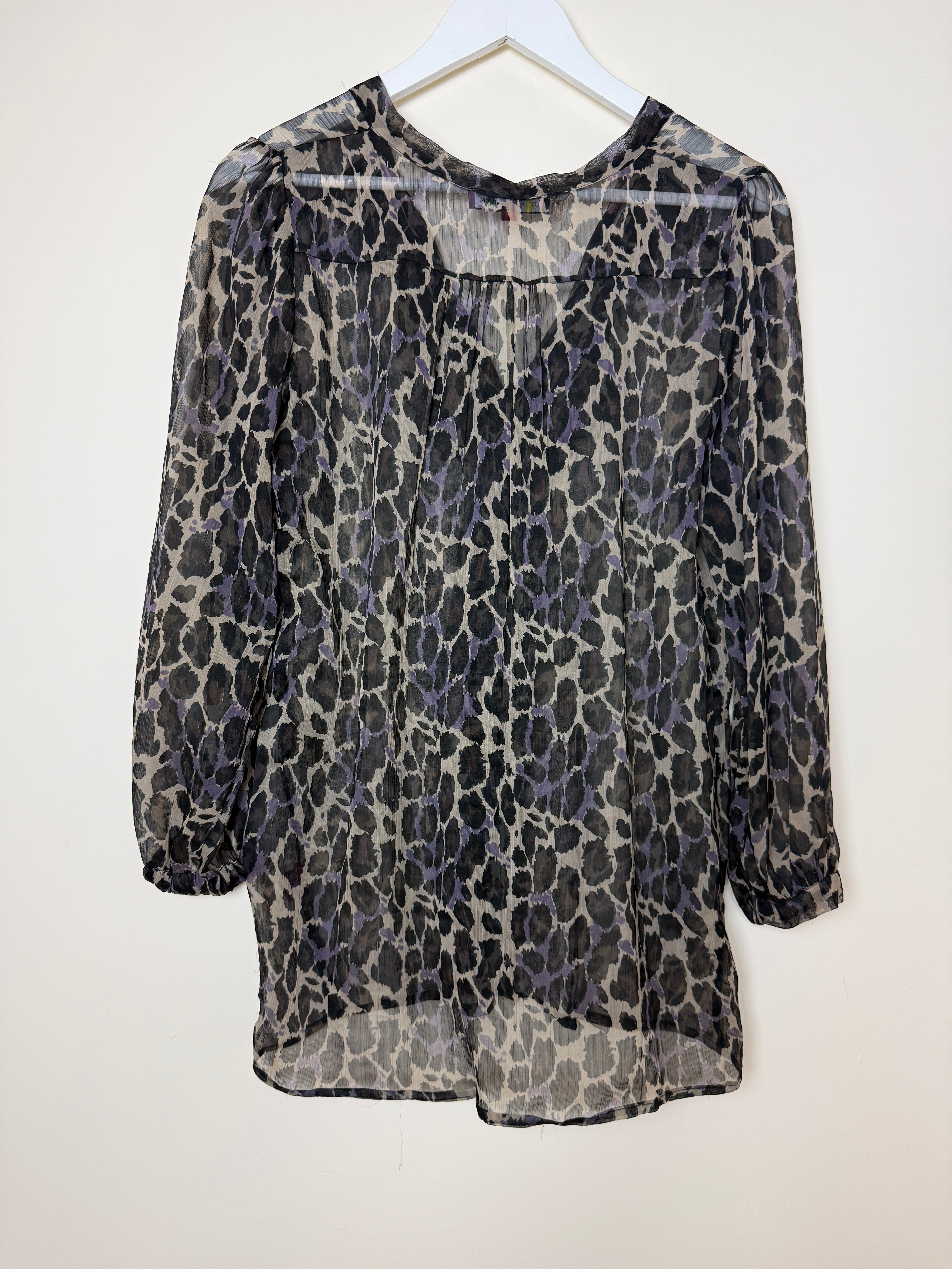 Uttam London Purple Grey Leopard Print Sheer Tie Neck Blouse Small