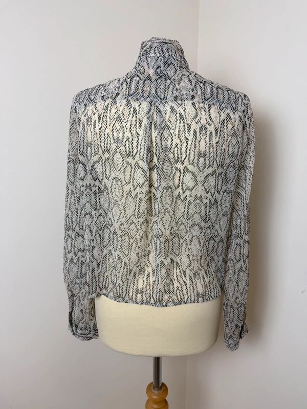 Mango Snake Print Blouse Black White Sheer Tie Neck Long Sleeve Small