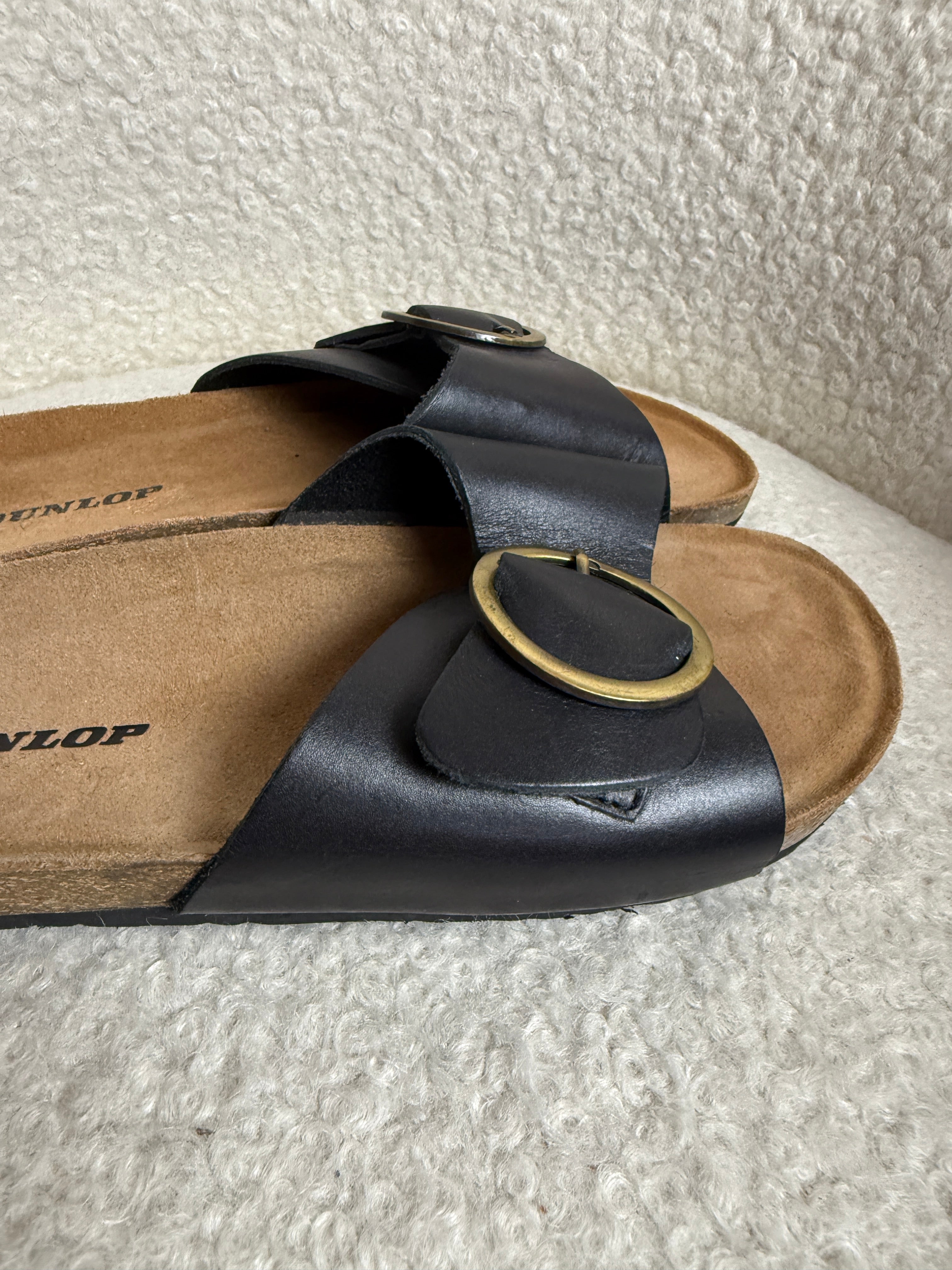 Dunlop Nisha Mule Sandals Black Leather Gold Buckle Cork Footbed UK8 EU41