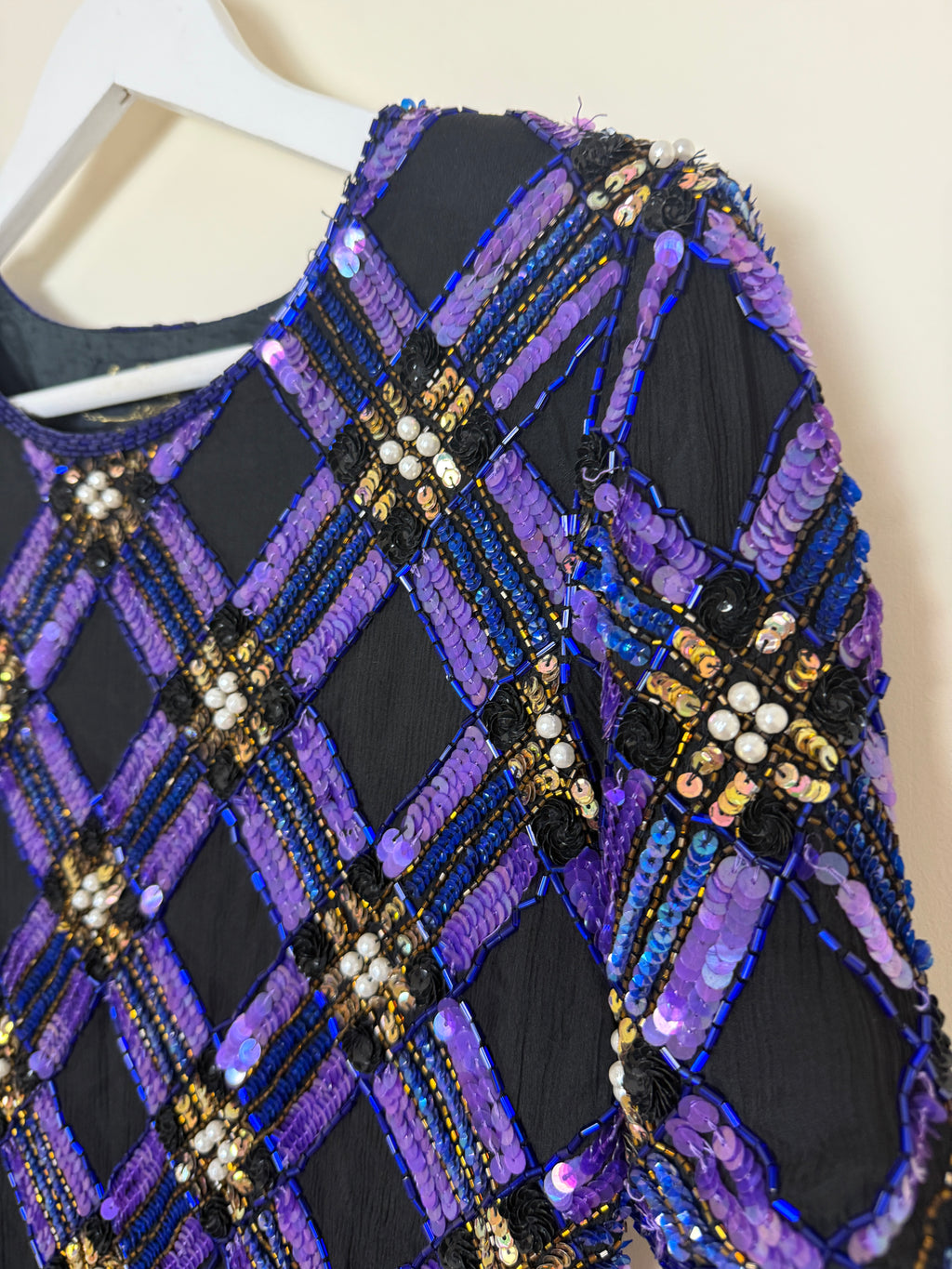 Kuku de Sudi 1980s Vintage Purple Black Sequin & Pearl Embellished 100% Silk Top - Medium