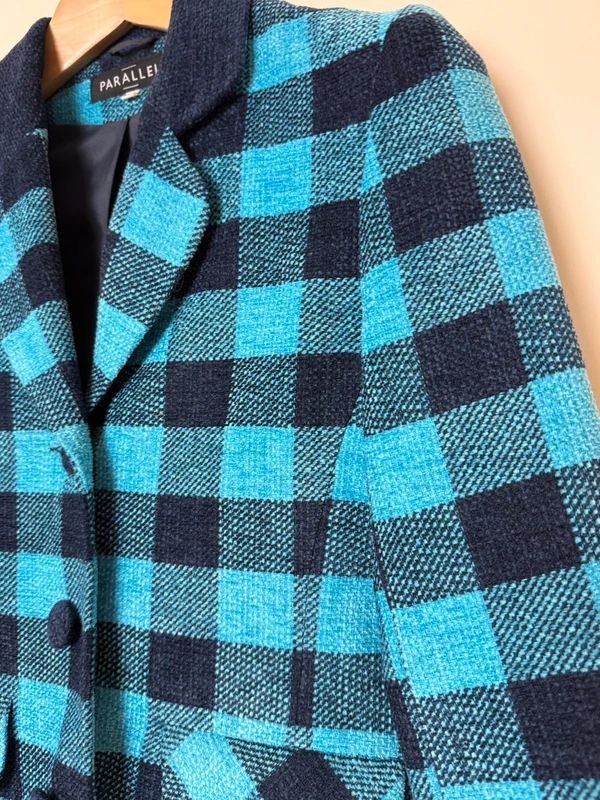 Parallel Blue Checked Blazer Jacket UK10 Wool Blend Notched Lapel Classic