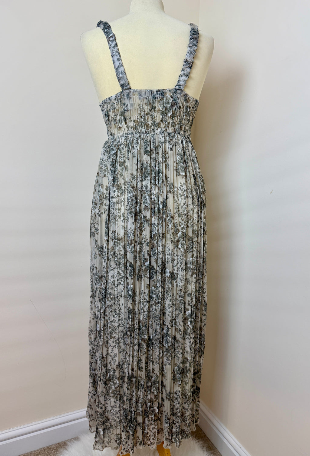 Guido Lombardi Grey Blue Floral Pleated Maxi Dress UK10 Made In Italy Boho