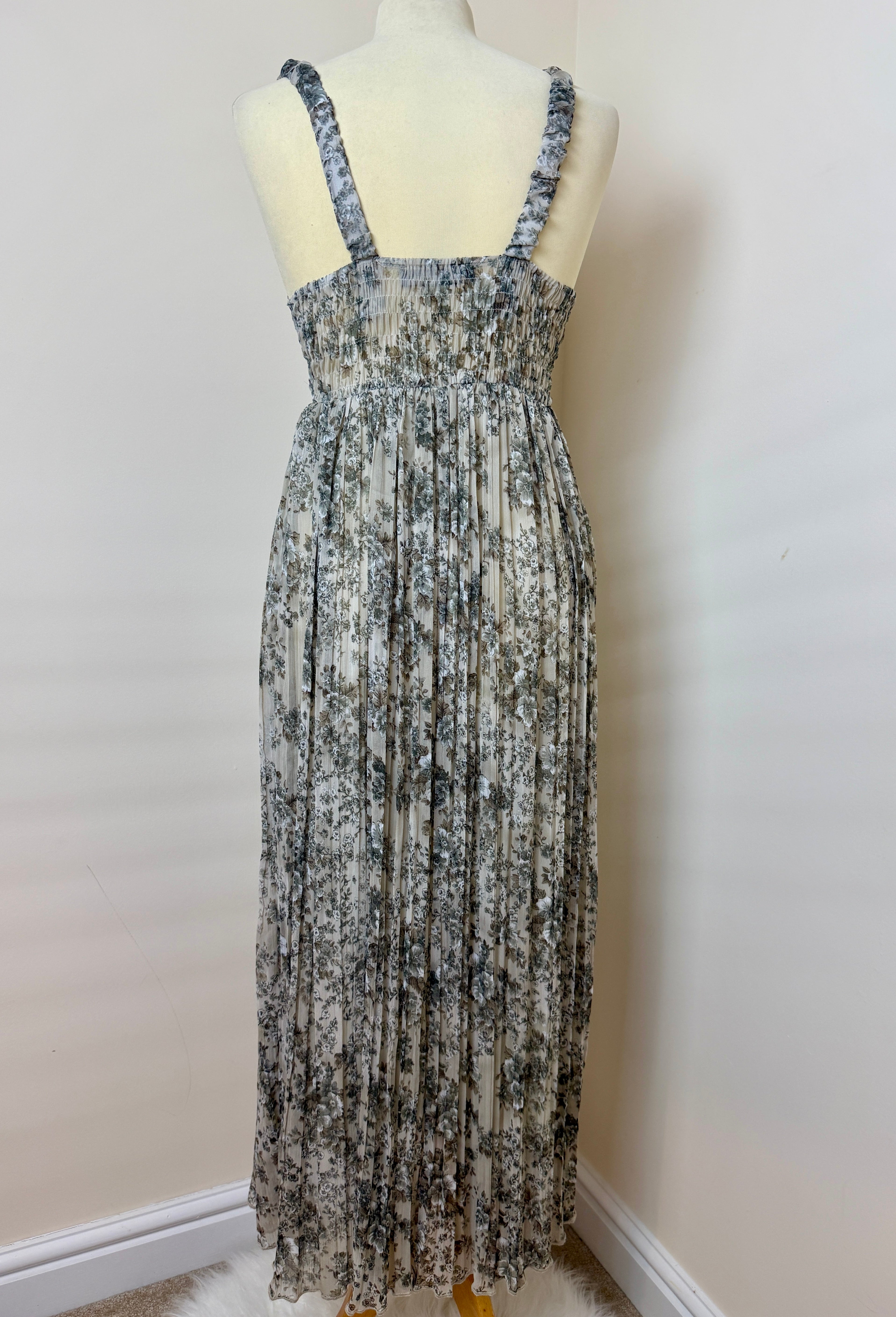 Guido Lombardi Grey Blue Floral Pleated Maxi Dress UK10 Made In Italy Boho