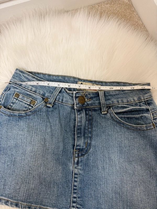 D*Klic Lightwash Denim Mini Skirt Y2K Skull Embroidery Low Rise UK8